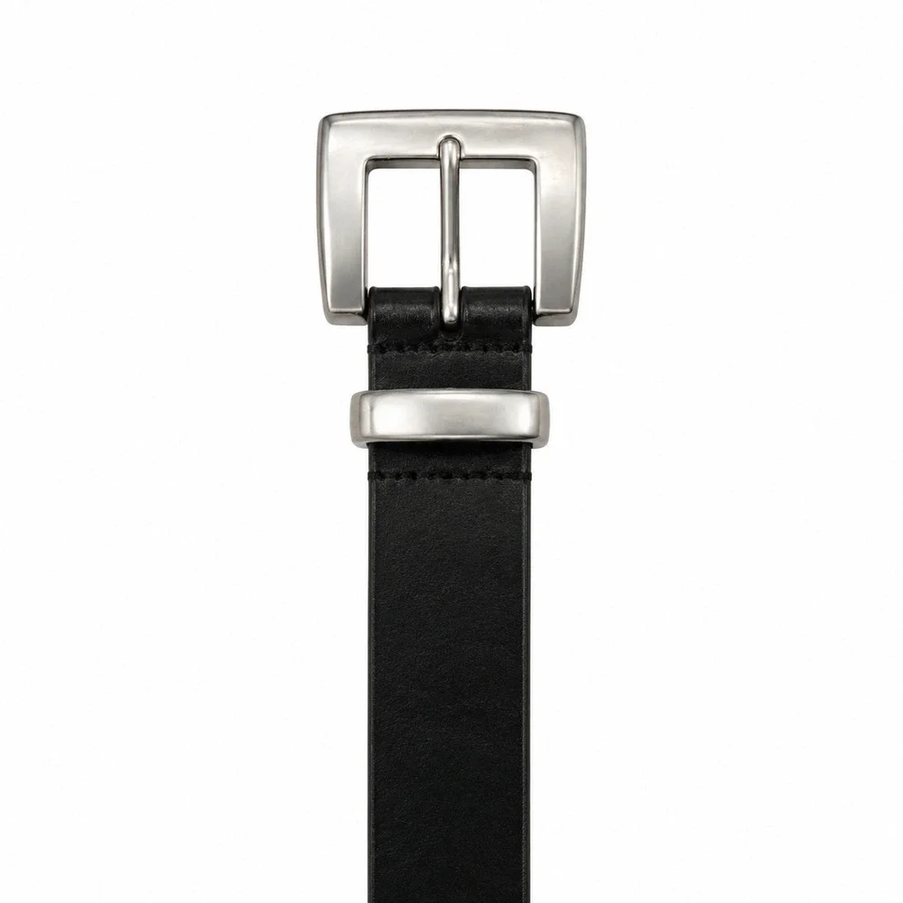 New York & Company Black Genuine Leather Belt Size L Made in Italy Silver